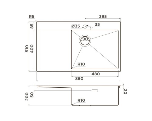 Omoikiri Akisame 86-R Side-IN Кухонная мойка нерж. сталь 86x51 см, цвет: нержавеющая сталь 4997042