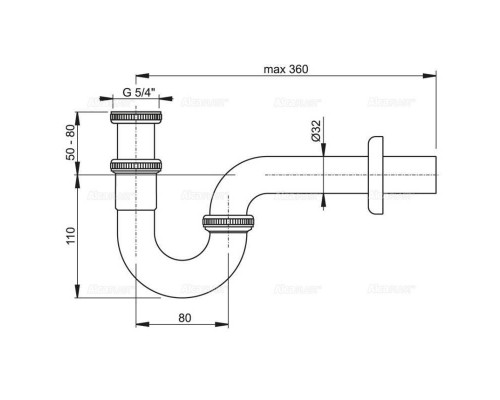 Сифон Alcaplast трубный 1"1/4 x 32 для раковины (латунь) хром