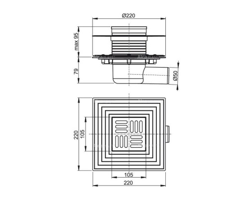 Трап Alcaplast 105 х 105 мм H=88-174 мм г/затвор комбин воротник 2 уров. выпуск 50 мм нерж.сталь Трап Alcaplast 105 х 105 мм H=88-174 мм г/затвор комбин воротник 2 уров. выпуск 50 мм нерж.сталь