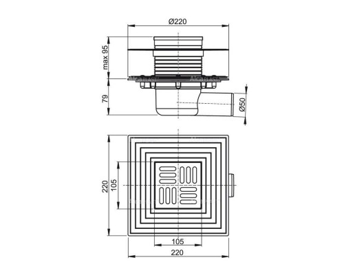 Трап Alcaplast 105 х 105 мм H=88-174 мм г/затвор комбин воротник 2 уров. выпуск 50 мм нерж.сталь