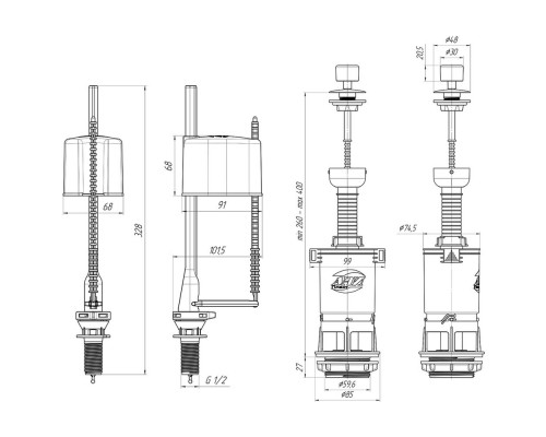 Арматура для унитаза универсальная АНИ WC4550M, нижний подвод, пластиковая ручка