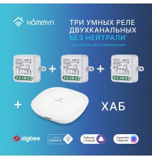 Комплект три умных реле (2 канала без нейтрали) и хаб HOMMYN RNN02HOMKIT09