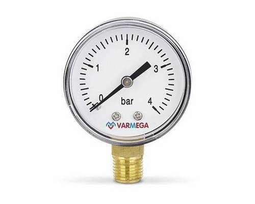 Манометр VARMEGA радиальный 50 мм, 4 бар, 1/4", VMMT10-500402 Манометр VARMEGA радиальный 50 мм, 4 бар, 1/4", VMMT10-500402