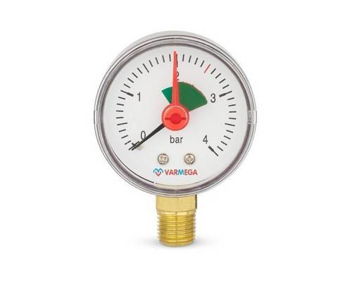 Манометр VARMEGA радиальный 50 мм, 4 бар, 1/4", с указателем предела, VMMT11-500402