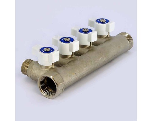 Коллектор НВ 3/4" с кранами никелированный UNI-FITT 4 выхода 1/2"Н 40мм Коллектор НВ 3/4" с кранами никелированный UNI-FITT 4 выхода 1/2"Н 40мм
