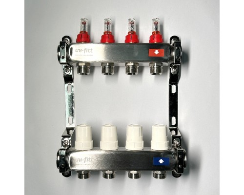 Колл.группа 1 х 4 вых 3/4 с расходомерами и термостатическими вентилями без конц, нерж. сталь