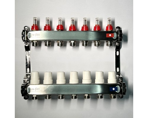 Колл.группа 1 х 7 вых 3/4 с расходомерами и термостатическими вентилями без конц, нерж. сталь