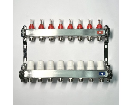 Колл.группа 1 х 8 вых 3/4 с расходомерами и термостатическими вентилями без конц, нерж. сталь