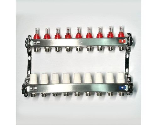 Колл.группа 1 х 9 вых 3/4 с расходомерами и термостатическими вентилями без конц, нерж. сталь