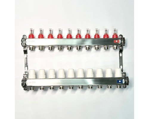 Колл.группа 1 х 10 вых 3/4 с расходомерами и термостатическими вентилями без конц, нерж. сталь