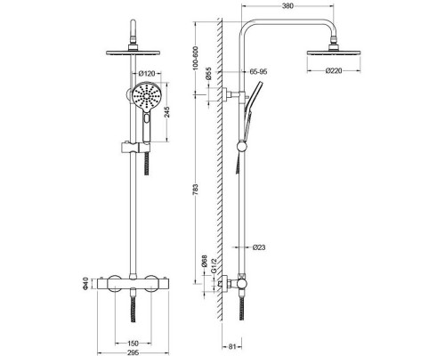 AQ2343BG ЕВРОПА термостатическая душевая система (смеситель для душа) 220мм, шлиф. золото AQ2343BG