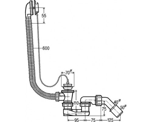 311537 Слив-перелив для стандартных ванн с цепочкой и пробкой (розетка нерж. сталь), с сифоном, 40/50, пластик 311537
