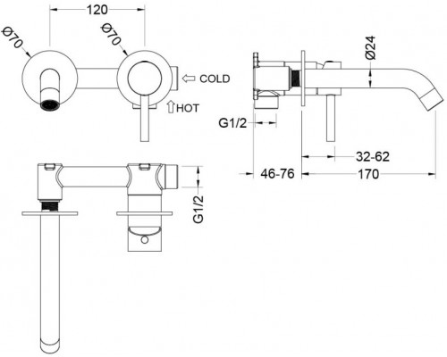 AQ1313CR ЕВРОПА смеситель для раковины настенный 2 отв. (внешняя и скрытая часть) AQ1313CR