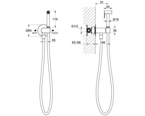 AQ1024MB ОБЕРОН комплект для гигиенического душа встроенный (смеситель c прогрессивным картриджем + гигиеническая лейка + шланг), матовый черный AQ1024MB