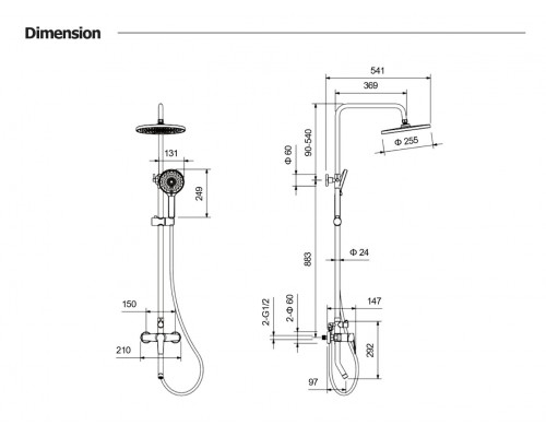 AQ2740BGM ЛУГАНО душевая система (смеситель для ванны) 255 мм, оружейная сталь (шлиф. черный хром) AQ2740BGM