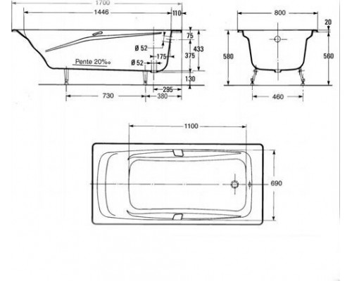 REPOS E2918-S-00 Baнна 170 x 80 cм без отверстий для ручек БЕЗ АНТИСКОЛЬЗЯЩЕГО ПОКРЫТИЯ E2918-S-00