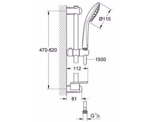 27242001 Euphoria Duo 110 Душевой гарнитур II, душевая штанга 600 мм, шланг 1500 мм, 9,5 л/мин, полочка, хром 27242001