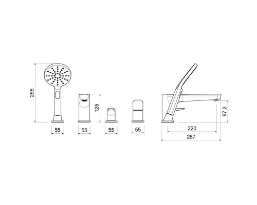 AQ1148BGM БЕТТА смеситель на борт ванны на 4 отв., оружейная сталь (шлиф. черный хром) AQ1148BGM