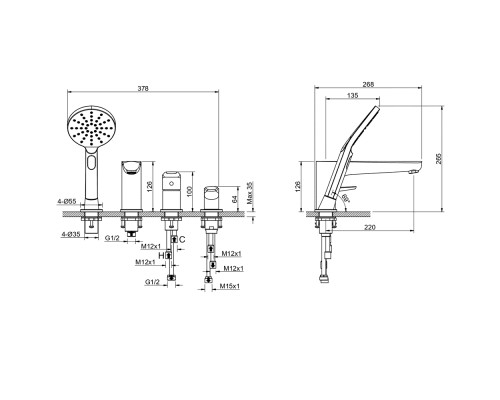 AQ1148BGM БЕТТА смеситель на борт ванны на 4 отв., оружейная сталь (шлиф. черный хром) AQ1148BGM