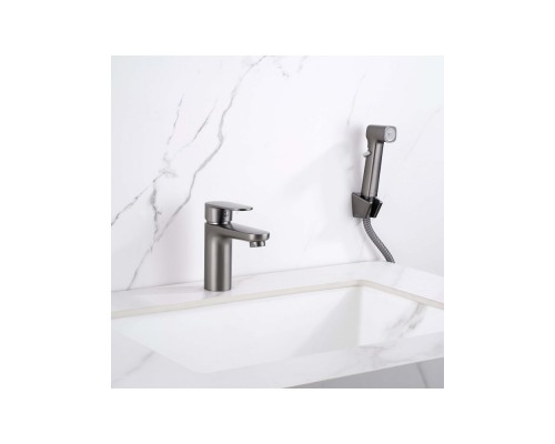 AQ1812BGM НИКА смеситель для раковины 90 без донного клапана с гигиеническим ручным душем, оружейная сталь AQ1812BGM