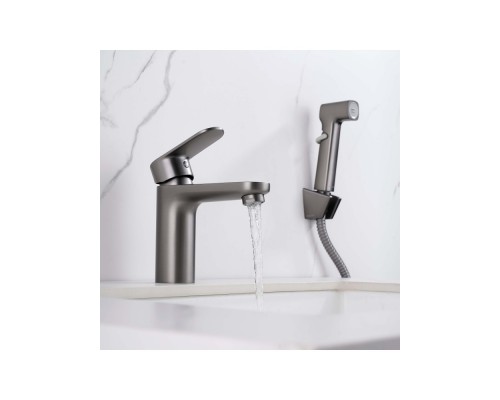 AQ1812BGM НИКА смеситель для раковины 90 без донного клапана с гигиеническим ручным душем, оружейная сталь AQ1812BGM