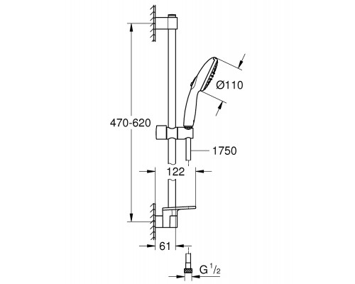 27926003 Tempesta 110 Душевой гарнитур, 2 режима струи, 13,5 л/мин, полочка, душевая штанга 600 мм, шланг 1750 мм, хром (замена 27926001) 27926003