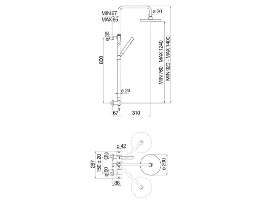 VE125030/50CR VELIS термостатическая душевая система, верхний душ 20 см VE125030/50CR