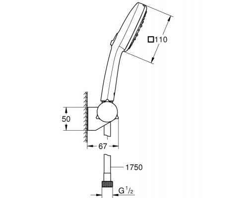 27584003 Tempesta Cube 110 Душевой набор 3 режима струи, настенный держатель, шланг 1750 мм, 8,4 л/мин, хром (замена 27584002) 27584003