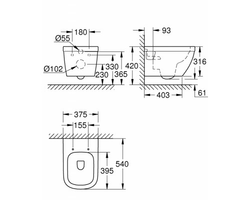 39538000 Euro Ceramic Унитаз подвесной безободковый, каскадный смыв, вид крепеж, альпин-белый 39538000