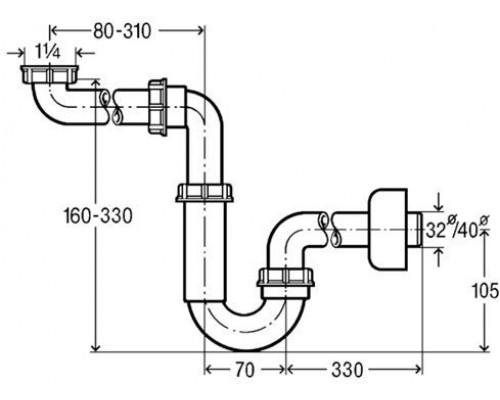 606220 Трубный сифон 1¼ x 32 для экономии места, пластик, модель 5729 606220