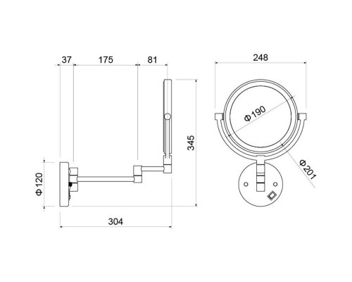 AQ4915BGM зеркало косметическое настенное с подсветкой 5х, оружейная сталь (шлиф. черный хром) AQ4915BGM
