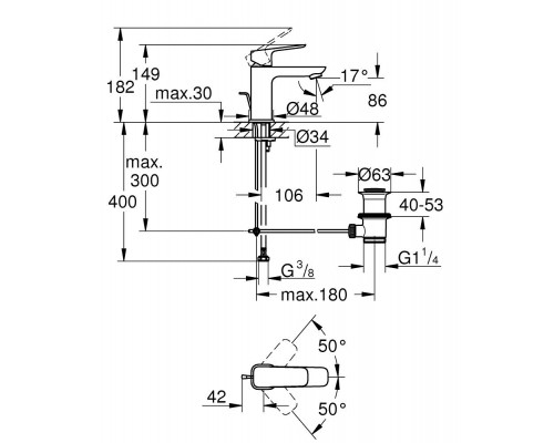 1016942430 CUBEO Смеситель однорычажный для раковины, DN 15 размер S, рычажный донный клапан 1 1/4“, мат черный 1016942430