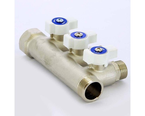 Коллектор НВ 3/4" с кранами никелированный UNI-FITT 3 выхода 1/2"Н 40мм Коллектор НВ 3/4" с кранами никелированный UNI-FITT 3 выхода 1/2"Н 40мм
