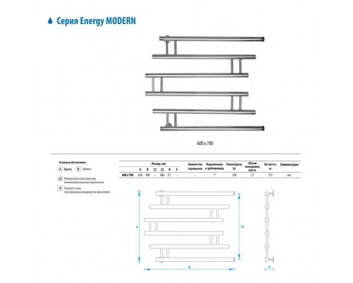 Водяной полотенцесушитель Energy Modern 600x700 черный матовый (RAL 9005)