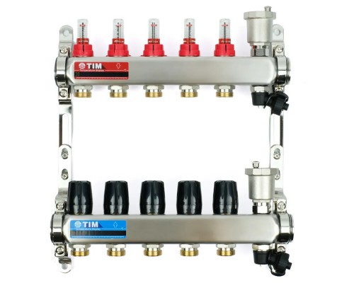 Коллекторная группа со встроенными расходомерами 5 выхода 1" ЕК 3/4" KCS5005 (TIM) нержавеющая сталь