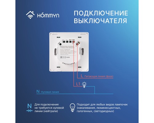 Комплект два умных одноклавишных выключателя HOMMYN 2SWZBNN01W