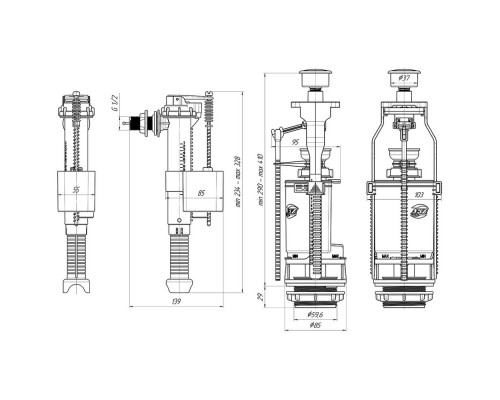 Арматура для унитаза универсальная АНИ WC8010C, боковой подвод, хром. кнопка
