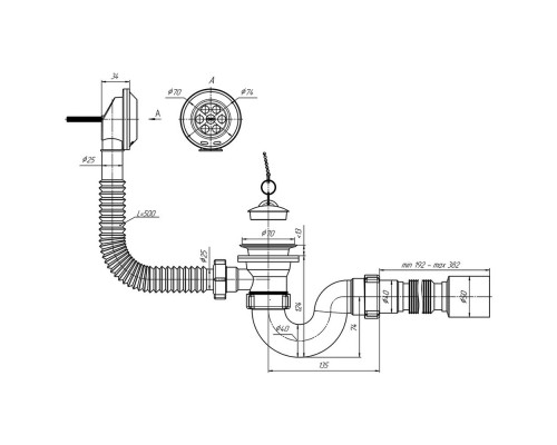 Сифон для ванны "АНИ" с переливом 1 1/2-40, нержавеющий выпуск (Е155) (Россия)