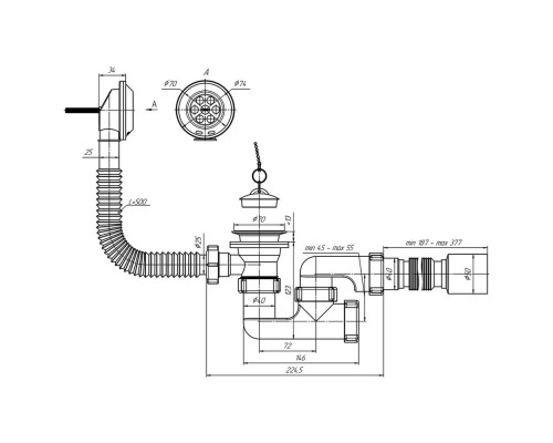 Сифон для ванны "АНИ" с переливом 1 1/2-40, нержавеющий выпуск (Е255) (Россия)
