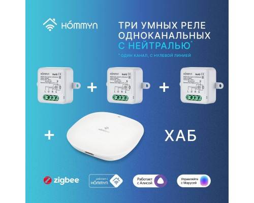 Комплект: три умных реле (1 канал с нейтралью) и хаб Hommyn RN01HOMKIT10 Комплект: три умных реле (1 канал с нейтралью) и хаб Hommyn RN01HOMKIT10