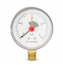 Манометр VARMEGA радиальный 63 мм, 4 бар, 1/4", с указателем предела, VMMT11-630402