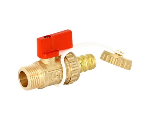 Кран Uni-Fitt шаровой НН 1/2"x3/4" сливной со штуцером, заглушка, флажок красный металл, латунный