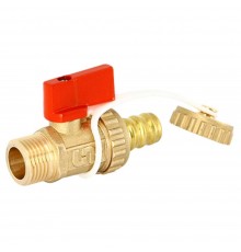 Кран Uni-Fitt шаровой НН 3/8"x3/4" сливной со штуцером и заглушкой, флажок красный металл
