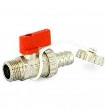 Кран Uni-Fitt шаровой НН 3/8"x3/4" сливной со штуцером, заглушка, флажок красный металл, никель