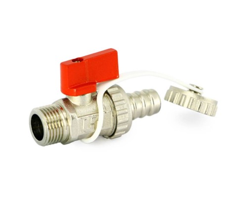 Кран Uni-Fitt шаровой НН 3/8"x3/4" сливной со штуцером, заглушка, флажок красный металл, никель Кран Uni-Fitt шаровой НН 3/8"x3/4" сливной со штуцером, заглушка, флажок красный металл, никель
