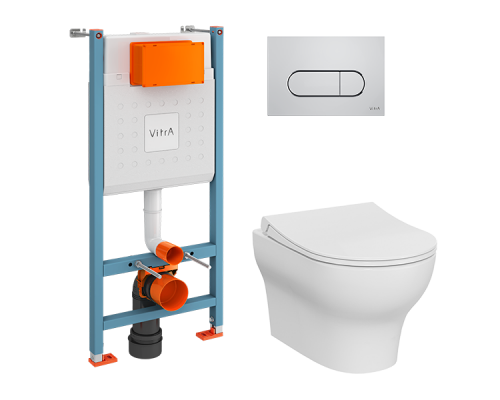 9879B003-7200 Комплект: Zentrum Round подвесной Безободковый унитаз + тонкое сиденье МЛ/БС+ инсталляция + панель смыва хром глянец 9879B003-7200