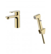AQ1812BG НИКА смеситель для раковины 90 без донного клапана с гигиеническим ручным душем, шлиф.золото AQ1812BG