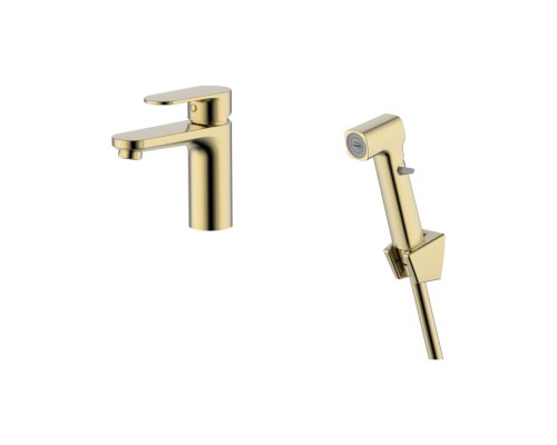 AQ1812BG НИКА смеситель для раковины 90 без донного клапана с гигиеническим ручным душем, шлиф.золото AQ1812BG