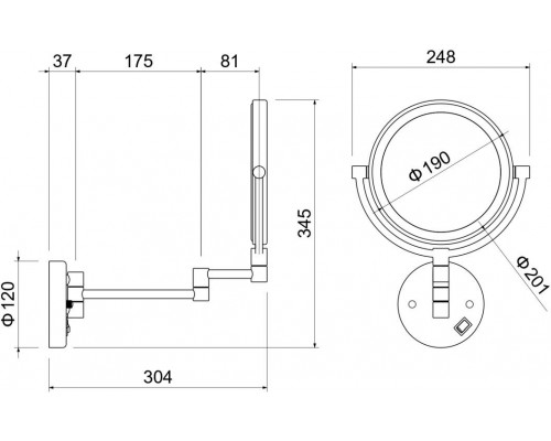 AQ4912MB зеркало косметическое настенное с подсветкой 5х, матовый черный AQ4912MB