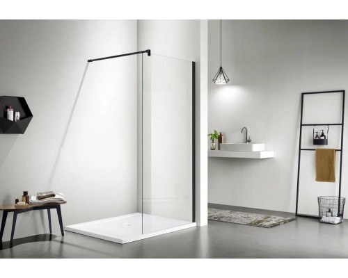 AQ WIW 09020BL Душевая перегородка Walk in с держателем 900x2000 профиль черный, стекло прозрачное AQ WIW 09020BL